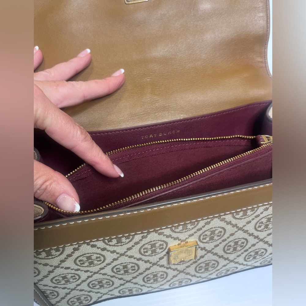 Tory Burch T Monogram Jacquard Mini Shoulder Bag Hazelnut Tan Brown No Strap - Picture 4 of 16